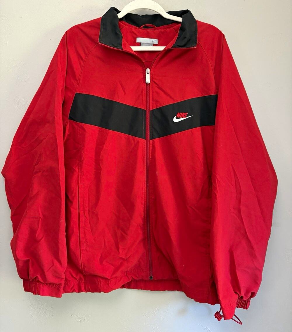 Nike Mens L Red/Black Colorblock Full Zip Windbreaker Jacket Pockets Logo (0237)